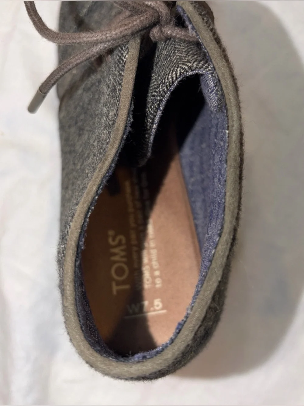 Toms Desert Wedge Herringbone Bootie Ankle Boots Shoes Gray Lace Up Fabric sz7.5